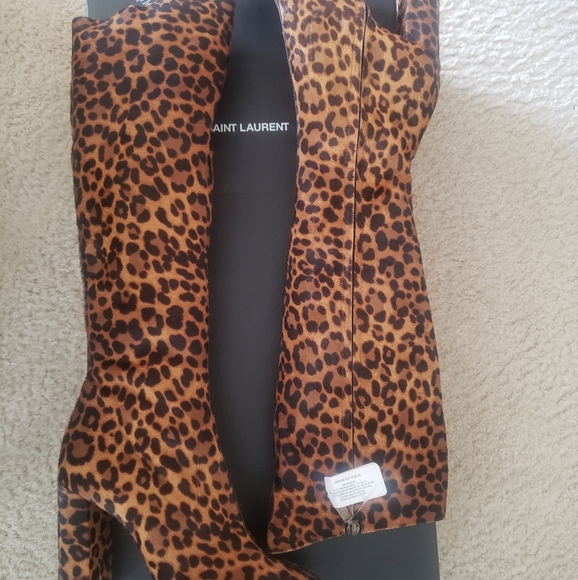 (YSL) Yves Saint Laurent 105 Lou Leopard Print  Zip Pony Spot Boot - Picture 1 of 10